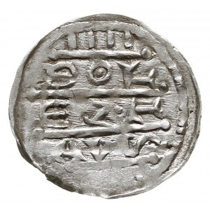 denar z lat 1157-1166, Aw: Cesarz siedzący na tronie na...