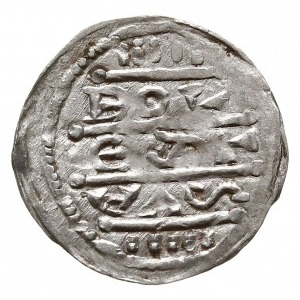 denar z lat 1157-1166, Aw: Cesarz siedzący na tronie na...