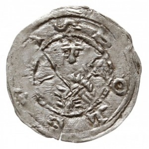 denar z lat 1157-1166, Aw: Popiersie z mieczen na wpros...