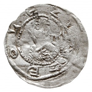 denar z lat 1157-1166, Aw: Popiersie z mieczen na wpros...
