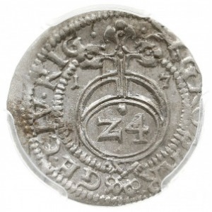 grosz 1617, Ryga, Aw: Tarcza herbowa pod koroną i napis...