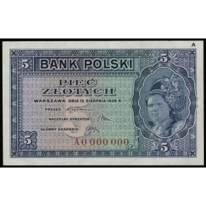 5 złotych 15.08.1939, seria A numeracja 0000000, dodatk...
