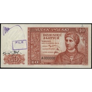 10 złotych 15.08.1939, seria A numeracja 000000, jednos...