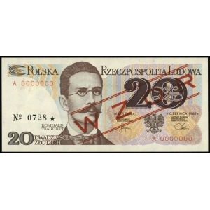 20 złotych 1.06.1982, seria A, numeracja 0000000, czerw...