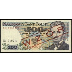 200 złotych 1.06.1982, seria BU, numeracja 0000000, cze...