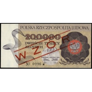 200.000 złotych 1.12.1989, seria A, numeracja 0000000, ...