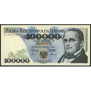 100.000 złotych 1.02.1990, seria A, numeracja 0050224, ...
