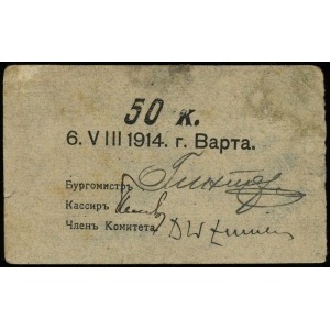 Warta, Kasa Miejska, 50 kopiejek 6.08.1914, z trzema po...