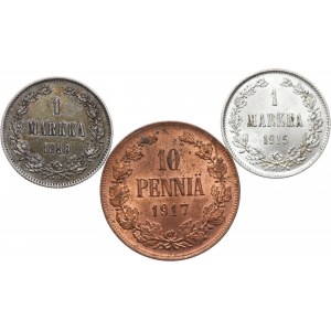 Finlandia, okupacja rosyjska, Mikołaj II 1894-1917, zestaw 3 monet