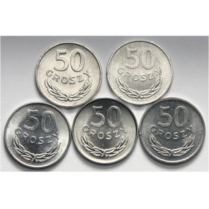 PRL 1944-1989, zestaw 5 monet 50 groszowych 1973, 1974, 1976, 1977, 1978.
