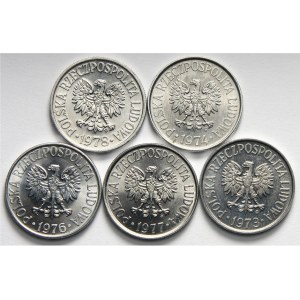 PRL 1944-1989, zestaw 5 monet 50 groszowych 1973, 1974, 1976, 1977, 1978.