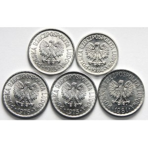 PRL 1944-1989, zestaw 4 monet 1 złotowych 1975, 1976, 1977, 1981 oraz 50 groszy 1984..