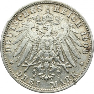 Niemcy, Cesarstwo Niemieckie 1871-1918, Badenia, Fryderyk II 1907-1918, 3 marki 1908 G, Karlsruhe