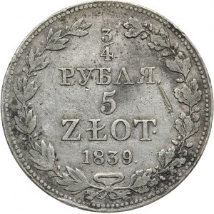 Zabór Rosyjski, Mikołaj I 1825-1855, 3/4 rubla/5 złotych 1839, Warszawa.