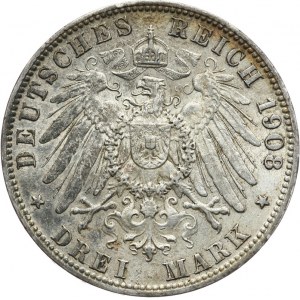 Niemcy, Cesarstwo Niemieckie 1871-1918, Hamburg, 3 marki 1908 J.