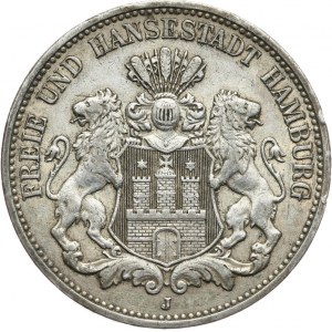 Niemcy, Cesarstwo Niemieckie 1871-1918, Hamburg, 3 marki 1909 J.