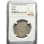 Polska, Jan II Kazimierz Waza 1649-1668, ort 1663, Toruń NGC MS64, popiersie z Orderem św. Ducha,R5