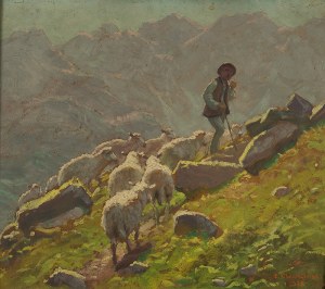 Zefiryn Ćwikliński (1871 Lwów - 1930 Zakopane), Góral i owce na hali, 1928 r.