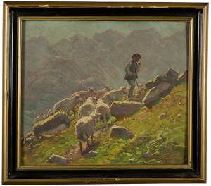 Zefiryn Ćwikliński (1871 Lwów - 1930 Zakopane), Góral i owce na hali, 1928 r.