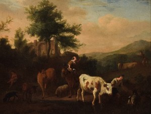 Adriaen Van De VELDE (1636-1692) - krąg, Krajobraz ze zwierzętami u wodopoju