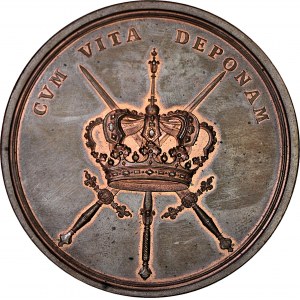 RRR-, August II Mocny, Medal 1709, wielki - 65 mm brąz, H.P.Groskurta, wybity z okazji odzyskania tronu polskiego po bitwie pod Połtawą, WYŚMIENITY