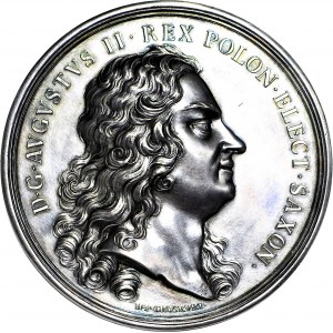 RRR-, August II Mocny, Medal 1730, SREBRO, GIGANT 81 mm (prawie ćwierć kg), MANEWRY WOJSKOWE