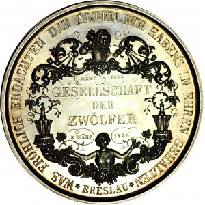Śląsk, Medal 1846 srebro 42mm, Wrocław, Loos i Schilling, 150-lecia Towarzystwa Dwunastu, WYŚMIENITY
