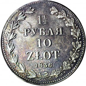 Zabór Rosyjski, 10 złotych = 1 1/2 rubla 1836, Warszawa, szeroka pochyła 6 w dacie, PIĘKNE
