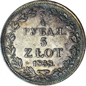 Zabór Rosyjski, 5 złotych = 3/4 rubla 1838, MW, Warszawa, piękne