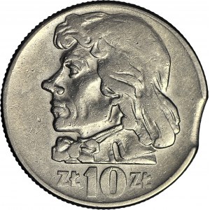 R-, 10 Złotych 1960 Kościuszko, DESTRUKT, błąd wykrawania