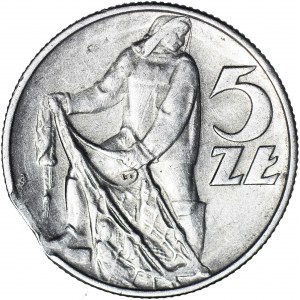 R-, 5 złotych 1974 Rybak, DESTRUKT, błąd wykrawania krążka