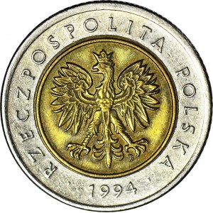 RR-, 5 złotych 1994, DESTRUKT, ODWROTKA 180 stopni