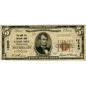 USA, 5 dollars 1929, National Currency, Camp Hill, Pennsylvania, #12380