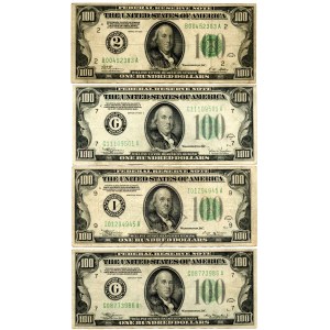 USA, Zestaw czterech banknotów obiegowych 100 dollars
