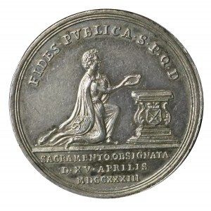 Medal autorstwa Johanna Wilhelma Höcknera wybity przez miasto Drezno z okazji składania przysięgi wierności nowemu elektorowi 1733
