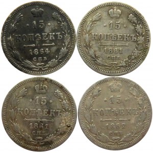 Rosja, Mikołaj II, lot srebrnych 15 kopiejek 1860-64, 4 sztuki, Petersburg