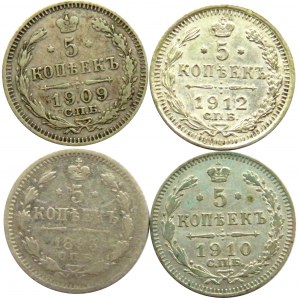 Rosja, Aleksander III/Mikołaj II, lot srebrnych 5 kopiejek, 5 sztuk, Petersburg