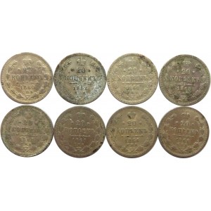 Rosja, Mikołaj II, lot srebrnych 20 kopiejek 1860-64, 8 sztuk, Petersburg