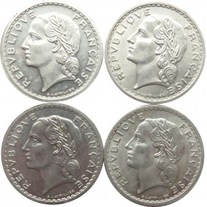 Francja, lot 4 menniczych 5 frankówek 1946-50