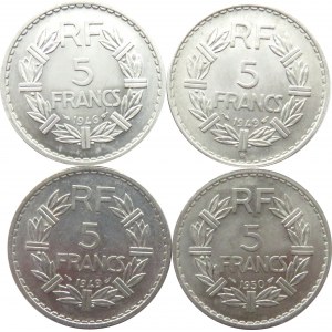 Francja, lot 4 menniczych 5 frankówek 1946-50