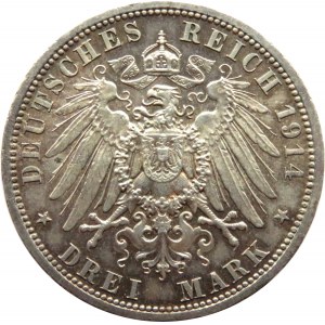 Niemcy, Prusy, Wilhelm II, 3 marki 1914 A, Berlin, UNC-