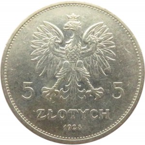 Polska, II RP, 5 złotych 1928 Nike, Bruksela, odmiana bez znaku mennicy