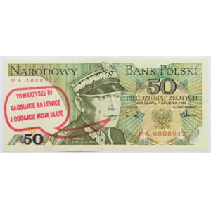 Polska, PRL, 50 złotych 1988, seria HA, UNC nadruk wyborczy