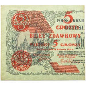 Polska, II RP, bilet zdawkowy 5 groszy 1924, lewa połówka, UNC