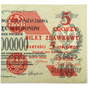 Polska, II RP, bilet zdawkowy 5 groszy 1924, prawa połówka, ładne