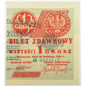 Polska, II RP, bilet zdawkowy 1 grosz 1924, prawa połówka, AN, UNC