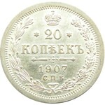 Rosja, Mikołaj II, 20 kopiejek 1907 EB, Petersburg, UNC/UNC-