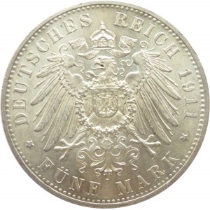 Niemcy, Bawaria, Luitpold 5 marek 1911 D, Monachium, UNC