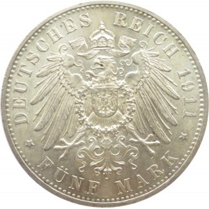 Niemcy, Bawaria, Luitpold 5 marek 1911 D, Monachium, UNC