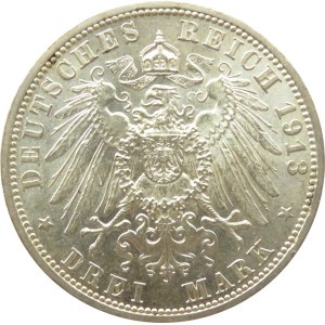 Niemcy, Lippe, Leopold IV, 3 marki 1913 A, Berlin, UNC-